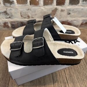 NWT Sonoma Genuine Leather Audreyy Faux Fur Sandal Kohl's Black Sz 11